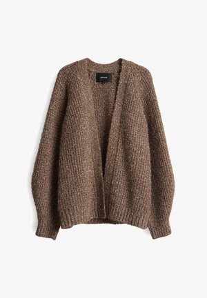 Cardigan marrone, lavorato a maglia con una vestibilità ampia e design con apertura frontale. Presenta maniche lunghe e orlo a coste. Materiale morbido e peloso.