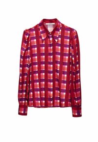 Blusa a maniche lunghe a quadri rossi e viola con colletto classico e chiusura con bottoni, caratterizzata da maniche a sbuffo e una texture morbida.