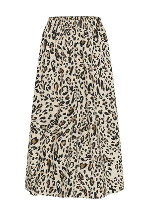 Beige leopárd mintás szoknya, fekete és barna foltokkal, rugalmas derékrésszel, térd hosszúságú szabással és diszkrét redőzéssel a lebegő hatás érdekében.