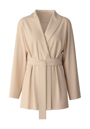 Beige wrap jacket with long sleeves, wide collar, and waist tie. Soft, textured fabric with gathered detail at the front.