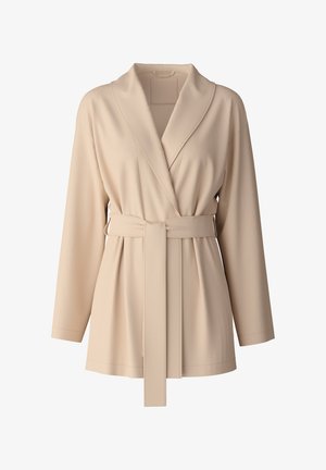 Beige wikkeljack met lange mouwen, brede kraag en tailleband. Zachte, gestructureerde stof met geraffineerd detail aan de voorkant.