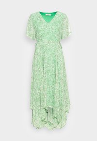 Grön blommig klänning med V-ringning, korta ärmar och hög-låg fåll. Tillverkad av lätt, genomskinligt material med ett fint blommönster.