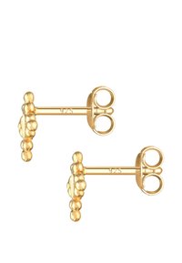 Guldtonede stud øreringe med et rundt design, der har små kugleformede accenter. Fremstillet af 925 sterling sølv, præsenteret på en hvid baggrund.
