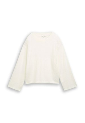 Pull court blanc avec des manches longues, fabriqué en tissu texturé doux. Il présente un col rond et un design simple et épuré.
