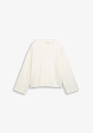 Weißer, cropped Pullover mit langen Ärmeln, aus weichem, strukturiertem Stoff. Hat einen Rundhalsausschnitt und ein schlichtes, sauberes Design.