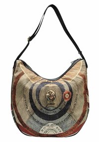Borsa hobo realizzata in tessuto multicolore con design a cerchi concentrici e testo. Presenta una tracolla in pelle nera e una chiusura con zip.