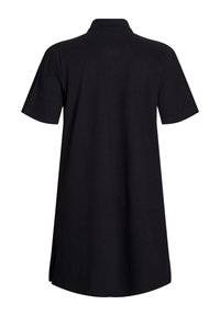 Zwarte polojurk met een kraag, korte mouwen en een rechte snit. Glad textiel en een langere achterkant, geschikt voor casual draag.