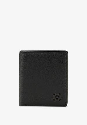 Black leather wallet with a textured finish, bi-fold design, and a raised logo accent on the lower right corner.