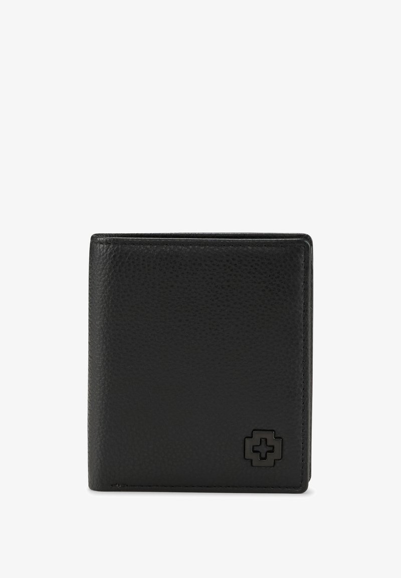 Schwarze Lederbörse mit strukturierter Oberfläche, im Bi-Fold-Design und einem erhabenen Logo-Accent in der unteren rechten Ecke.