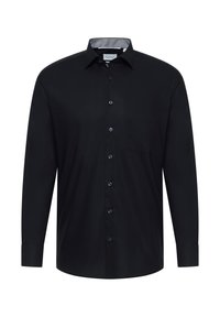 Camicia nera a maniche lunghe con chiusura a bottoni, taschino singolo sul petto e colletto interno a fantasia. Tessuto liscio, vestibilità su misura.