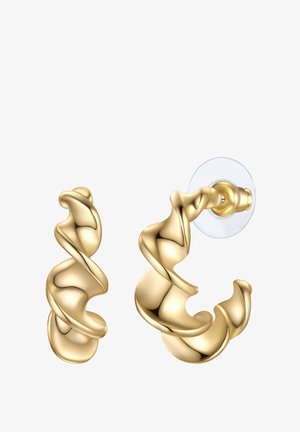 Auksinės auskarai su sukurtu, sklandžiu dizainu. Yra lygūs, atspindintys paviršiai ir skaidrus fono elementas, užtikrinantis saugų dėvėjimą.