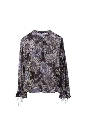 Langärmelige schwarze Bluse mit großen grauen Blumenmustern, rundem Ausschnitt, vorderer Knopfleiste und gerafften Manschetten mit Bindendetails.