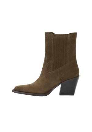 Brown suede ankle boot with pointed toe, stacked block heel, and elastic side panels for easy wear.