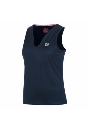 Camiseta deportiva sin mangas de color azul marino oscuro con cuello en V, detalle interior del cuello en rosa y pequeño logo redondo en el pecho izquierdo.