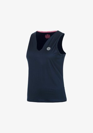 Camiseta deportiva sin mangas de color azul marino oscuro con cuello en V, detalle interior del cuello en rosa y pequeño logo redondo en el pecho izquierdo.