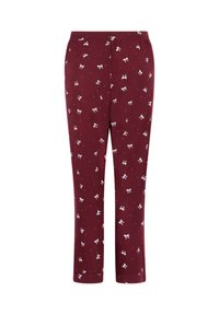 Bordeaux rode broek van zachte stof, met een herhalend wit strikpatroon. Ontworpen met een rechte pijp en een elastische tailleband voor comfort.