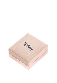Scatola regalo a tema Disney con un esterno rosa, motivo a stelle e loghi; progettata con una texture liscia e una base rosa a contrasto.