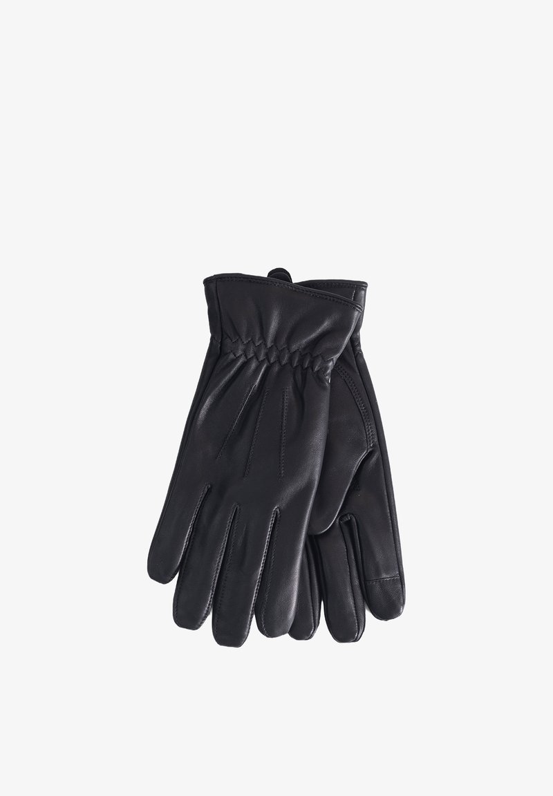 Guantes de cuero negro con una textura suave, con costuras fruncidas en la muñeca y cinco aberturas para los dedos.