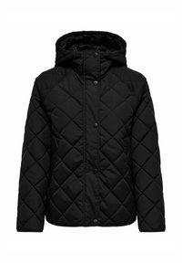 Czarna pikowana kurtka z kapturem, zapinana na zatrzaski, z bocznymi kieszeniami. Gładka faktura tkaniny.