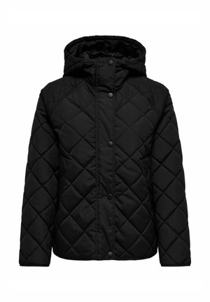 Melna polsterēta jaka ar kapuci, ar raksturīgu šūtu dizainu, aizdari ar spiedpogām un sānu kabatām. Gluda auduma tekstūra.