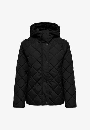 Melna polsterēta jaka ar kapuci, ar raksturīgu šūtu dizainu, aizdari ar spiedpogām un sānu kabatām. Gluda auduma tekstūra.