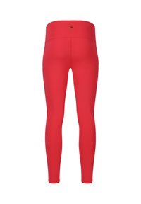 Rode, aansluitende leggings met een hoge tailleband en een gladde textuur. Het ontwerp heeft geen zichtbare patronen of hardware. Eenvoudige achterkant.