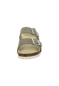 Green suede slide sandal with two adjustable metal buckles and a contoured footbed. Features a textured cork sole and a white rubber outsole.