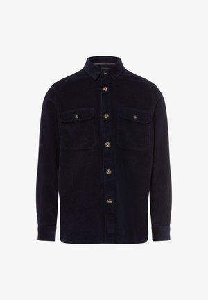 Marineblaue Cordhemd mit langen Ärmeln, zwei Brusttaschen, Knopfleiste und goldfarbenen Knöpfen; strukturierter Stoff mit geripptem Muster.
