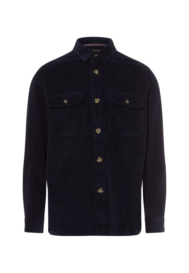 Marinecorduroy overhemd met lange mouwen, twee borstzakken, knoopsluiting en gouden knopen; textuurstof met ribbelpatroon.
