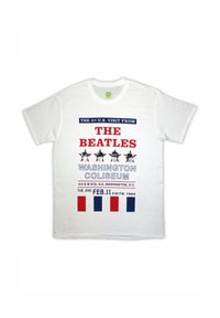 White cotton t-shirt featuring red and blue text, graphics of four figures, and event details for The Beatles' 1964 concert in Washington.