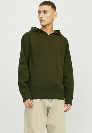 Groene gebreide hoodie met een trekkoord, met ribbelboorden en zoom. Soepele textuur, ontspannen pasvorm en subtiele branding op de mouw.