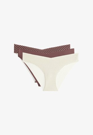 Trzy damskie majtki w stylu hipster w kolorze brązowym i białym z małymi wzorami w kropeczki, ułożone jedna na drugiej na białym tle.