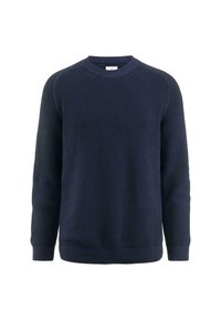 Marineblauer Strickpullover mit gerippter Struktur, Rundhalsausschnitt, langen Ärmeln und geradem Saum. Weicher Stoff, lässige Passform, keine sichtbaren Muster.