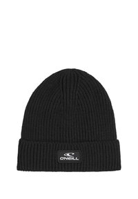 Sort strikket beanie-hue med ribbestruktur, der har en foldet kant og et lille mærke med logo foran.