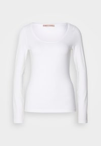Haut blanc à manches longues avec un décolleté plongeant, fabriqué en tissu lisse. Présente une coupe ajustée et un design simple et épuré. Marque : Anna Field.