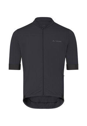 Zwart fietsshirt met korte mouwen, voorzien van een rits aan de voorkant, een hoge kraag en een klein zijvak met rits, met het Vaude-logo op de borst.