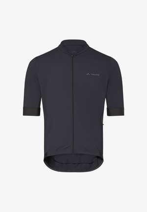 Zwart fietsshirt met korte mouwen, voorzien van een rits aan de voorkant, een hoge kraag en een klein zijvak met rits, met het Vaude-logo op de borst.
