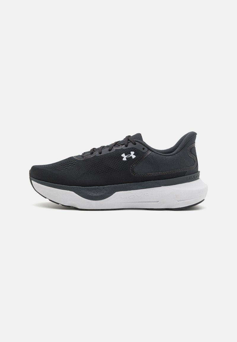 Black athletic shoe with a textured mesh upper, padded collar, and a white lightweight sole. Features a logo on the side and lacing system.