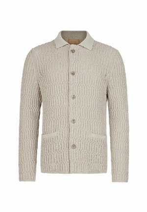 Beige strikket cardigan med krave, fem knapper foran, tekstureret mønster og to forlommer.