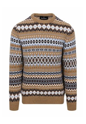 Brown crewneck sweater with multicolor Fair Isle patterns in white, black, light blue, and dark brown, ribbed cuffs and hem, Barbour label inside collar.