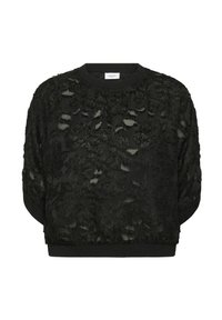 Black sweater with a textured surface featuring a fuzzy design and cut-out patterns. Round neckline and long sleeves with a relaxed fit.