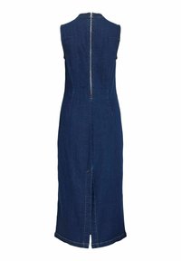 Mouwloze midijurk van donkerblauwe denim met ritssluiting aan de achterkant en een centrale split in de zoom, aansluitend silhouet, zonder zichtbare versieringen.