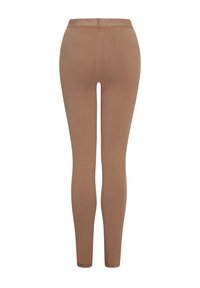 Bruine elastische leggings met een hoge tailleband, een gladde textuur en een getailleerde pasvorm, ontworpen voor comfort en flexibiliteit.