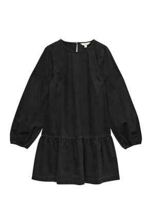 Sort langærmet afslappet kjole med detaljer ved taljen, rund halsudskæring og elastiske manchetter, lagt fladt på hvid baggrund.