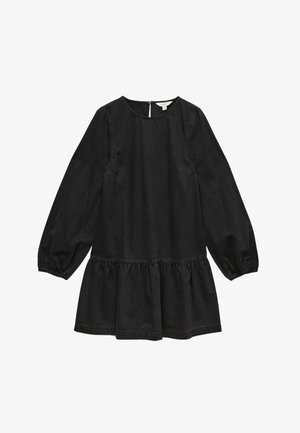 Sort langærmet afslappet kjole med detaljer ved taljen, rund halsudskæring og elastiske manchetter, lagt fladt på hvid baggrund.