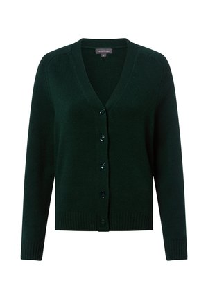 Cardigan vert foncé en maille douce. Doté d'un col en V, de manches longues, d'une fermeture par boutons et d'un ourlet et de poignets côtelés. Design simple.