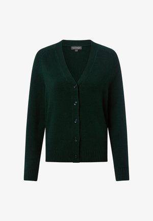 Cardigan vert foncé en maille douce. Doté d'un col en V, de manches longues, d'une fermeture par boutons et d'un ourlet et de poignets côtelés. Design simple.