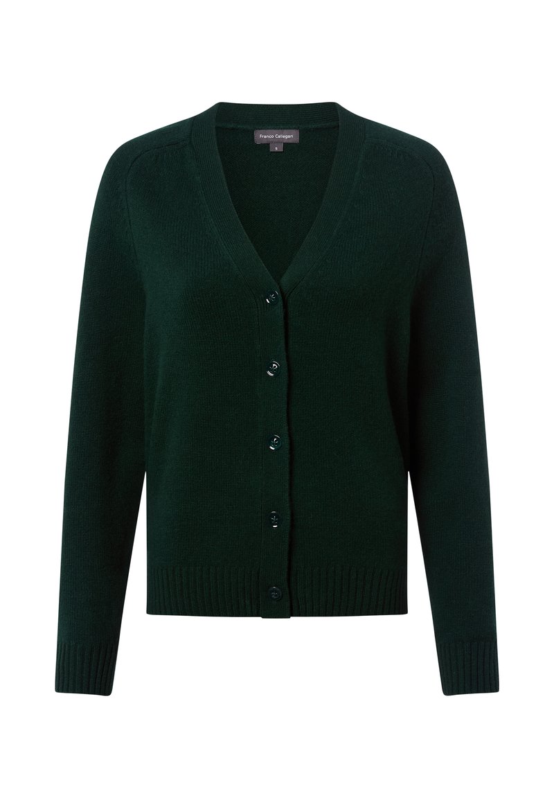 Ciemnozielony kardigan wykonany z miękkiego dzianiny. Posiada dekolt w serek, długie rękawy, zapięcie na guziki oraz ściągacze u dołu i na mankietach. Prosty design.