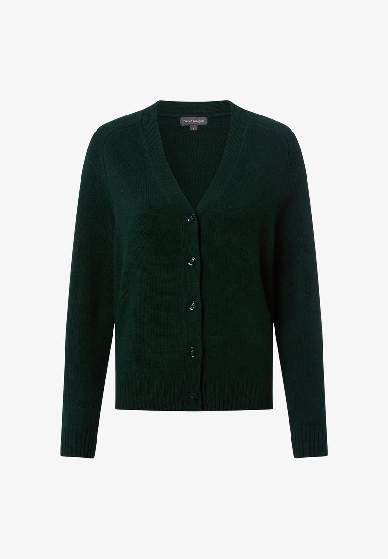 Ciemnozielony kardigan wykonany z miękkiego dzianiny. Posiada dekolt w serek, długie rękawy, zapięcie na guziki oraz ściągacze u dołu i na mankietach. Prosty design.