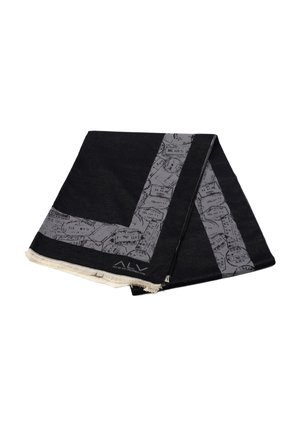 Sciarpa nera con motivo a mappa grigia lungo un bordo, con estremità frangiate. Realizzata in materiale morbido, ha una forma rettangolare.